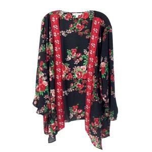 The Pioneer Woman Black Red Floral Print Open Front Kimono Topper Womens 20-22